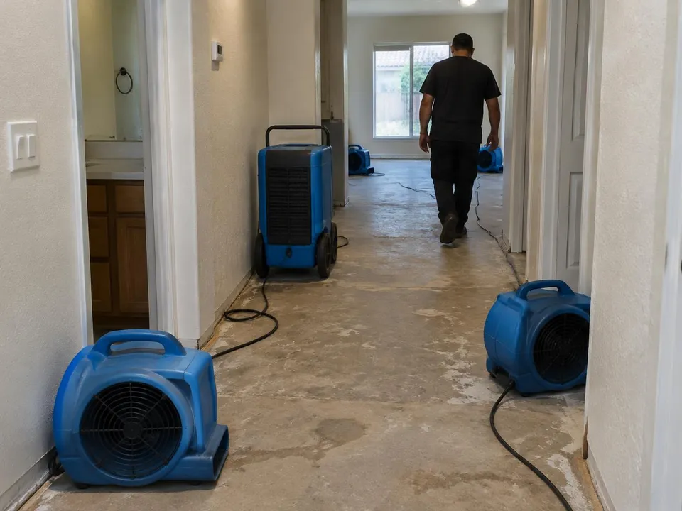 Generated illustration of air movers and a dehumidifier drying a hallway in a single-story home