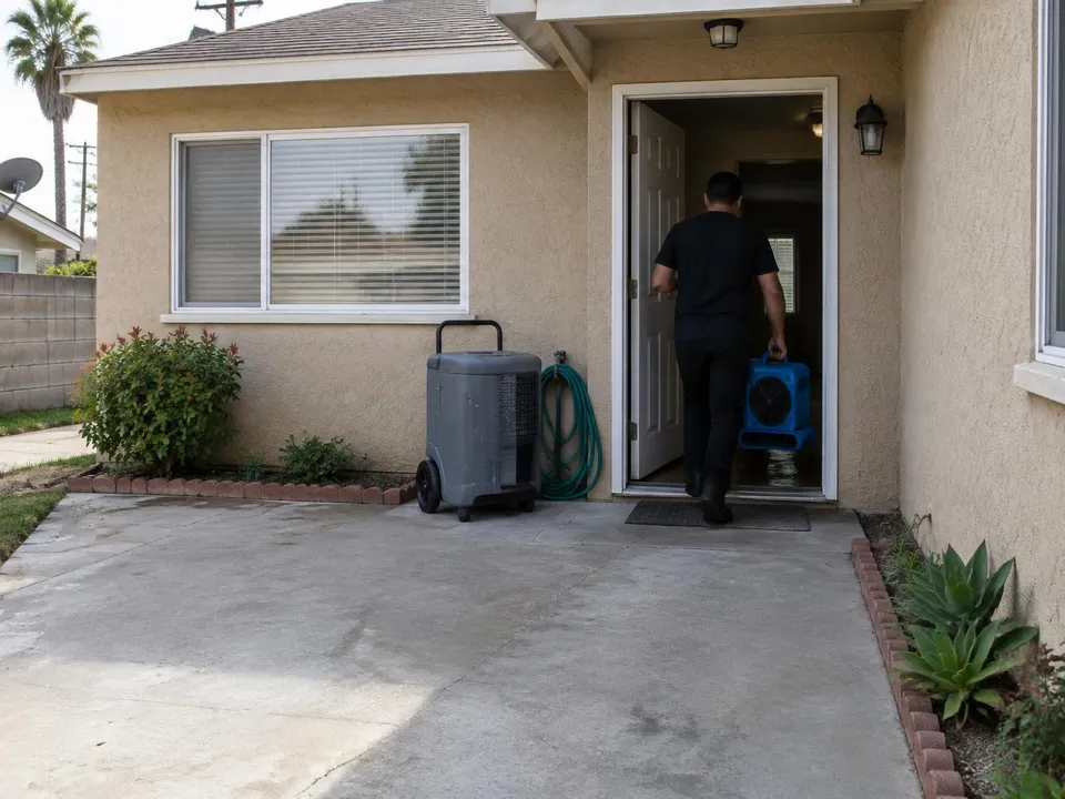 Generated illustration of a technician carrying an air mover into a single-story stucco home