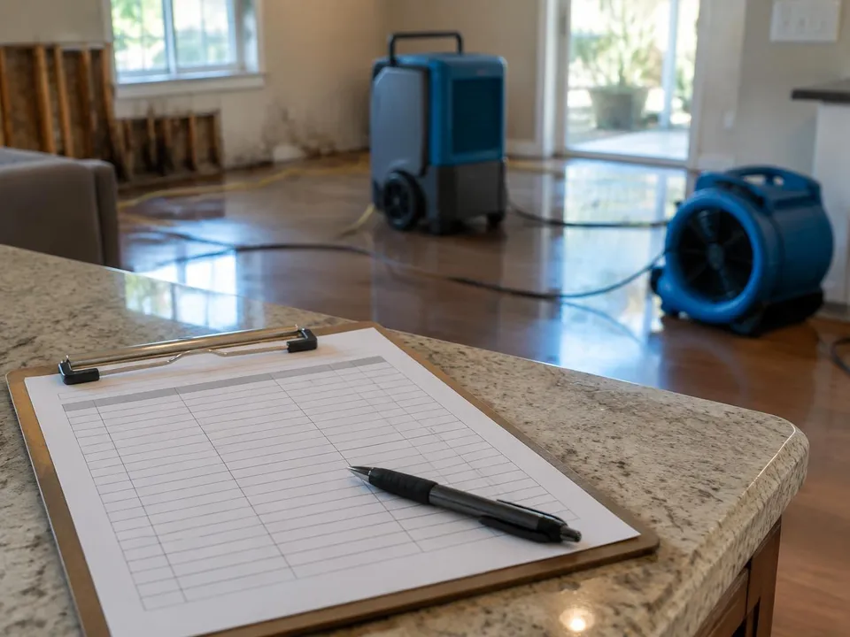Generated illustration of a clipboard on a counter with drying equipment in the room behind it