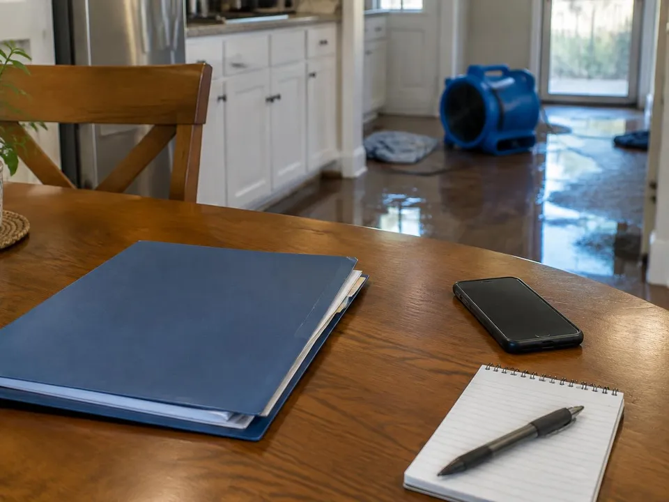 Generated illustration of a policy folder, phone and notepad on a table with a wet floor behind